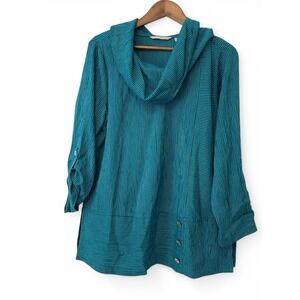 Soft Surroundings Womens Blue Cowl Neck Roll Tab Sleeves Tunic M Lagenlook Artsy